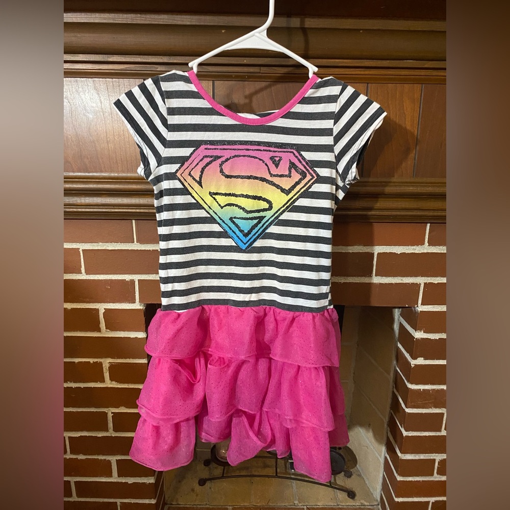Superman Striped Dress with Pink Ruffles